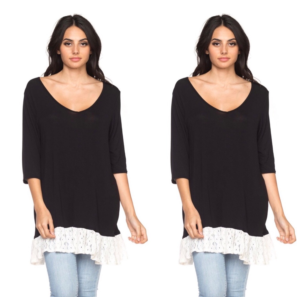 Black Lace Trim 3/4 Sleeve Tunic